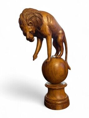 Val Gardina Circus Lion Balancing On A Ball Carving Wood Statue